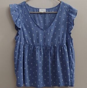 Anthropologie Everly blue polka dot Ruffle Baby Doll Top blouse Sz M